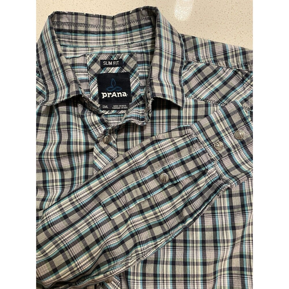 Prana Shirt Mens Small Blue Plaid Pearl Snap Long Sleeve Slim Fit Breathe